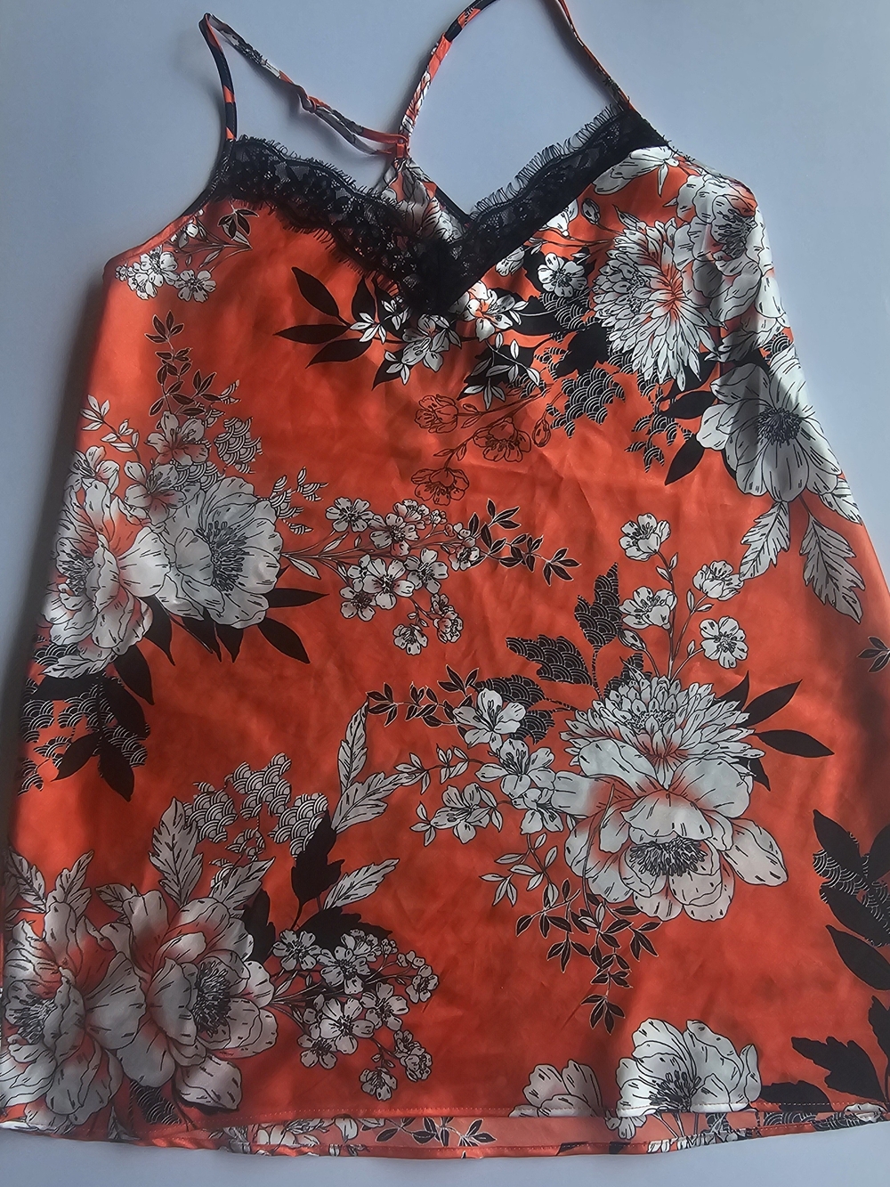 Secret Treasures Orange Floral Satin Slip with Black Lace Trim